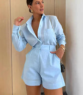 Comprar Conjunto Linho Feminino Short e Camisa de Linho Alfaiataria Azul ZARA